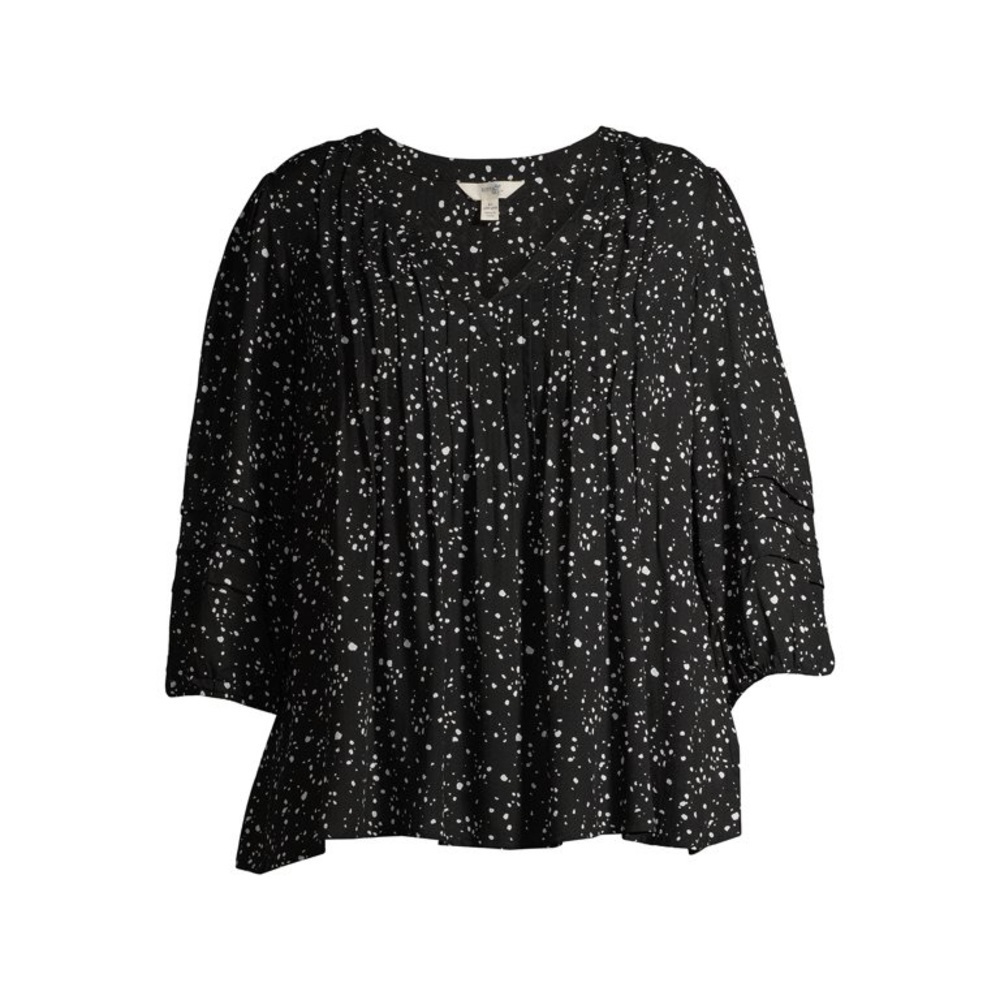 Terra & Sky Women's Plus Size Pintuck Woven Printed Quarter Sleeve V-Neck Blouse